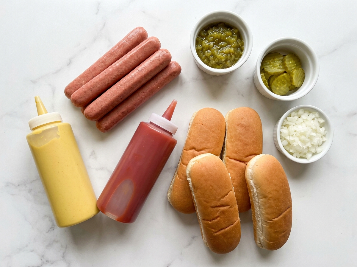 Hot dogs, buns, mustard, ketchup, relish, and onion on a wooden surface