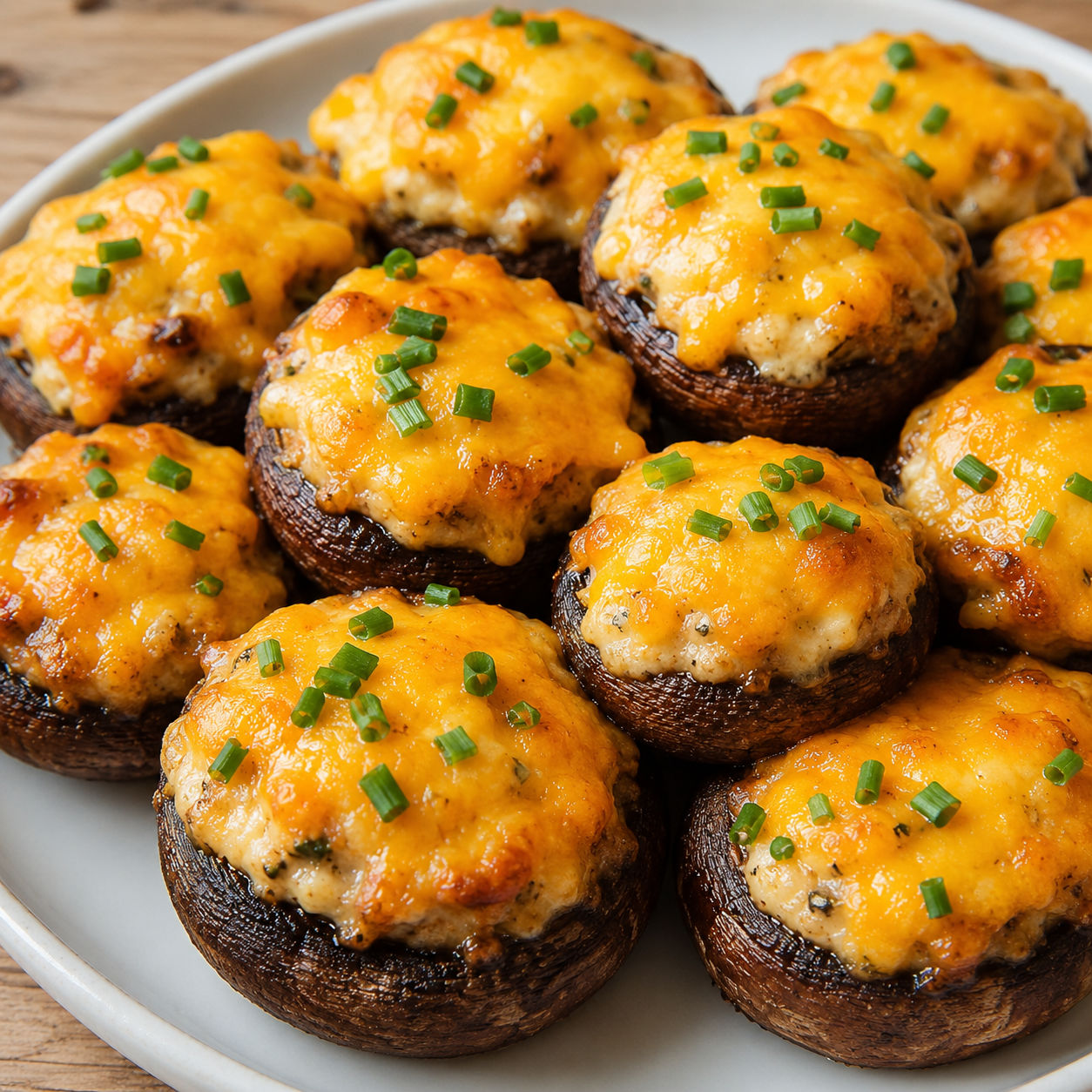 Air fryer stuffed mushrooms with melted cheddar and chives on a white plate