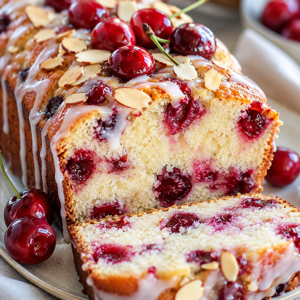 Almond cherry bread slices with white glaze, sliced almonds, and fresh cherries