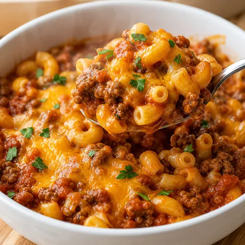 American goulash with elbow macaroni, ground beef, and melted cheddar in a white bowl