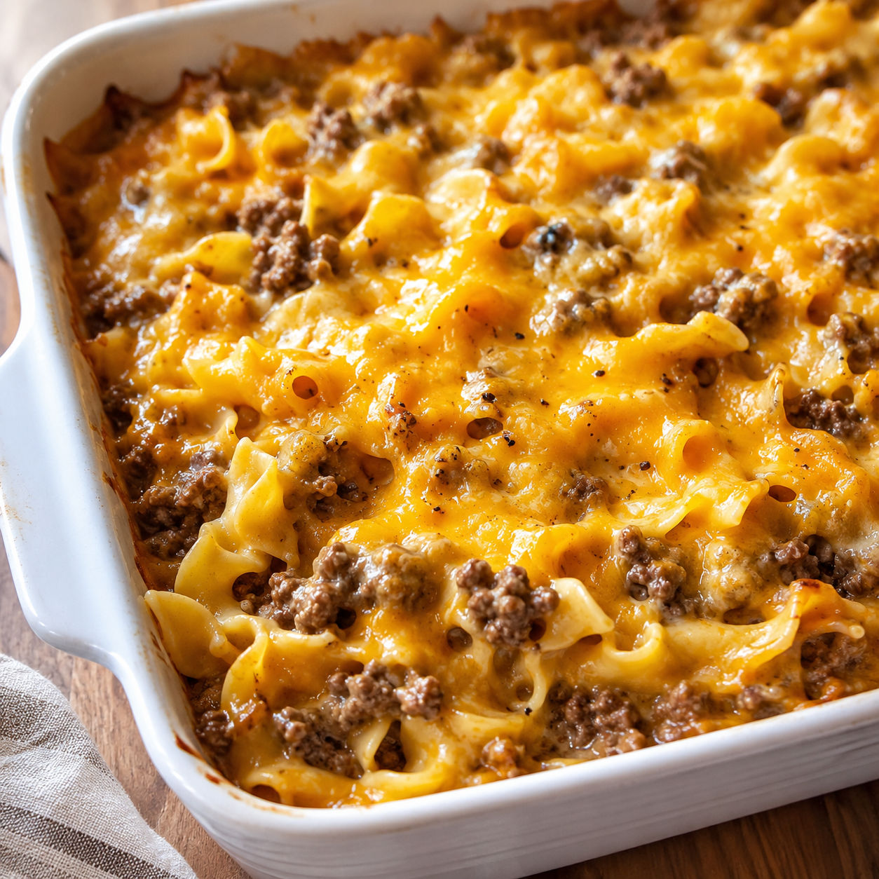 Baked Amish hamburger casserole with melted cheese and egg noodles in a white dish
