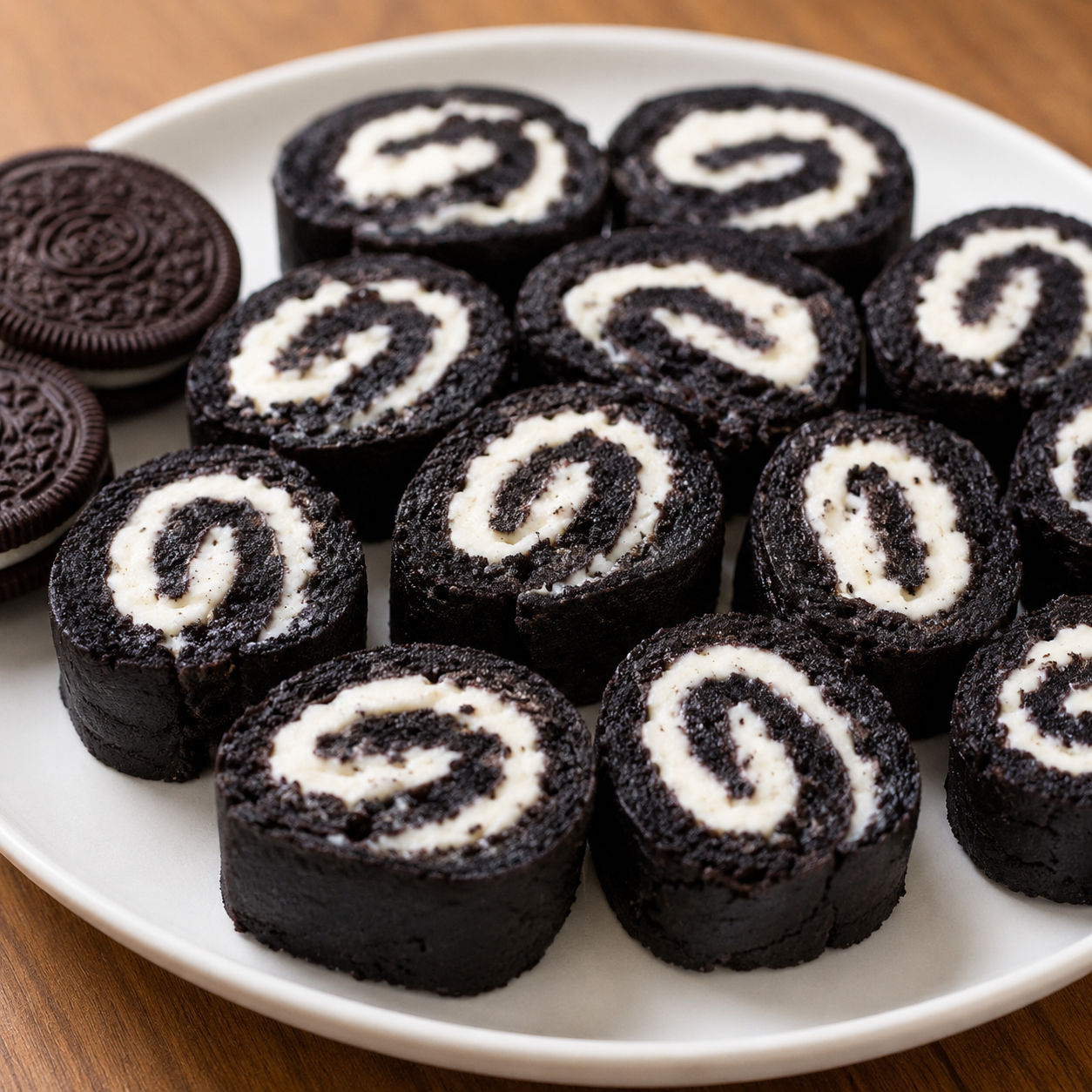 Oreo sushi rounds with cream filling swirl on a white ceramic plate
