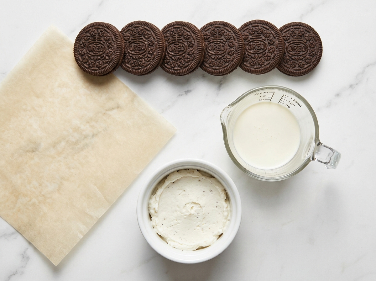 Whole Oreo cookies, heavy cream, and parchment paper for Oreo sushi