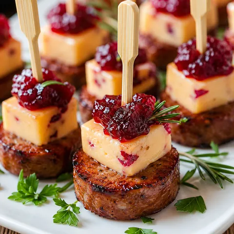 Andouille cranberry cheddar bites with cranberry sauce and wooden picks