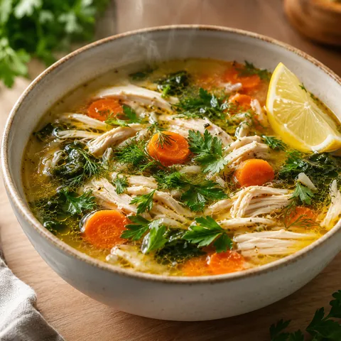Golden anti-inflammatory chicken soup with shredded chicken, carrots, and fresh herbs in a white bowl