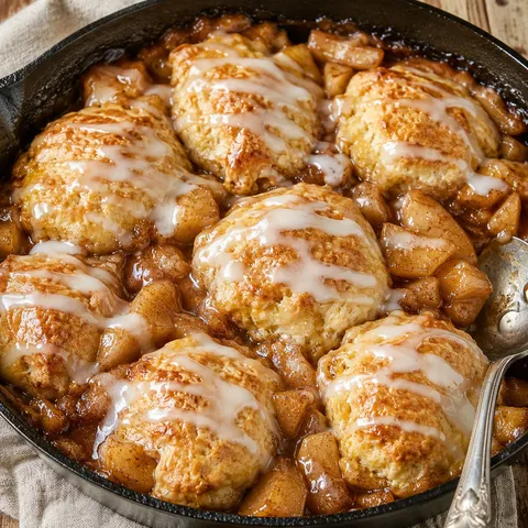 Warm apple pie biscuits with cinnamon apples and vanilla glaze