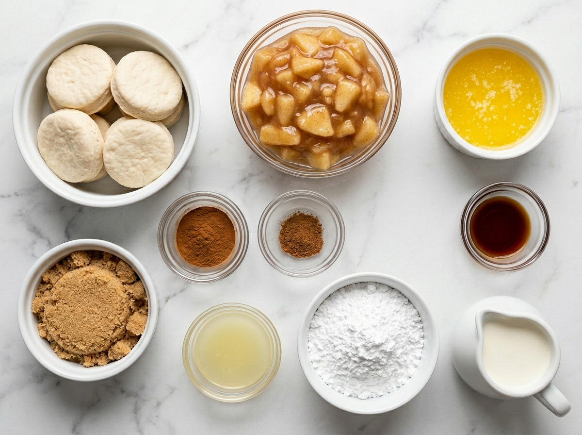Ingredients for apple pie biscuits with canned biscuits and spiced apples