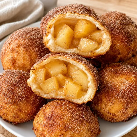 Cinnamon sugar apple pie bombs with warm apple filling on a white plate