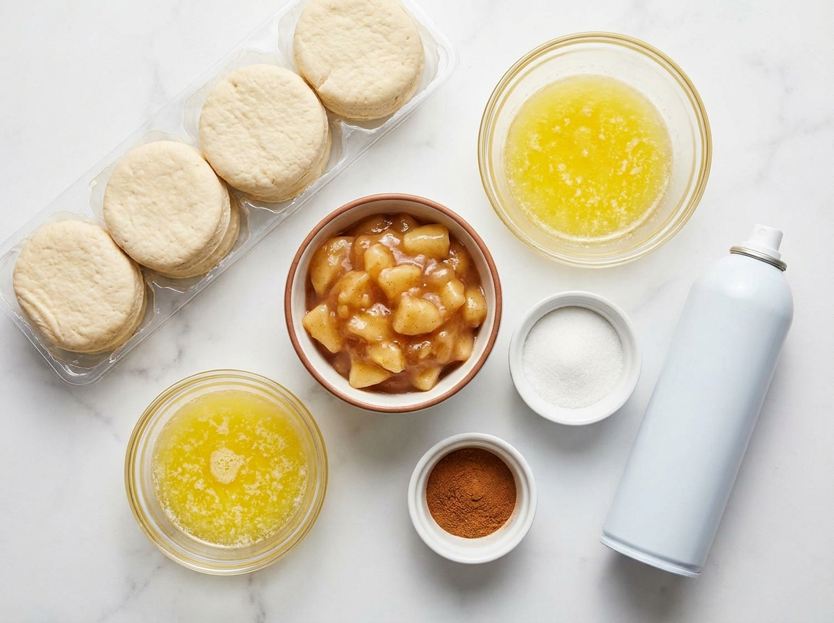 Biscuit dough, apple filling, butter, sugar, and spices for apple pie bombs