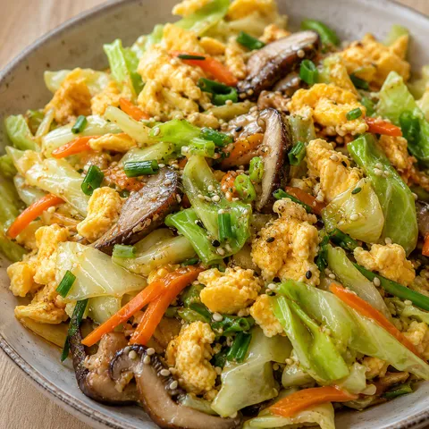 Asian cabbage stir fry with eggs, mushrooms, scallions, and sesame seeds