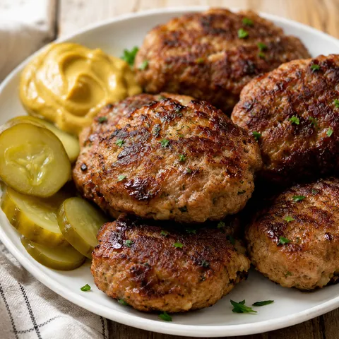 German Frikadellen with mustard, pickles, and parsley on a white plate
