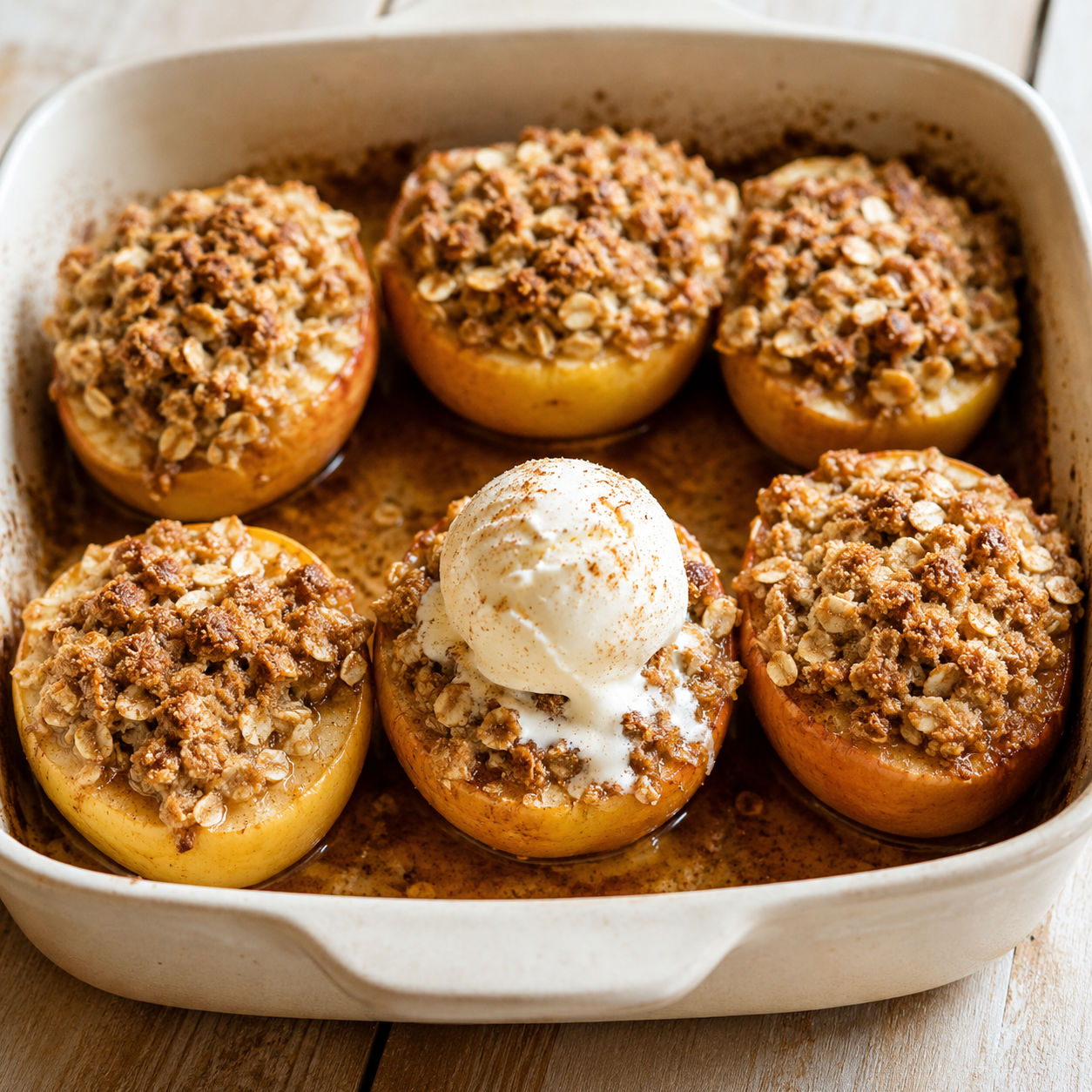 Baked apples with brown sugar cinnamon oat topping and vanilla ice cream