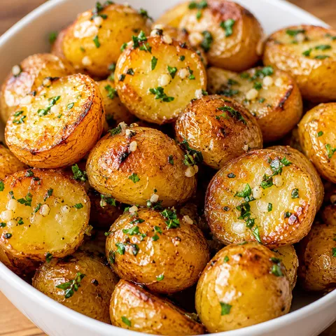 Golden roasted garlic butter potatoes with fresh parsley in a white bowl