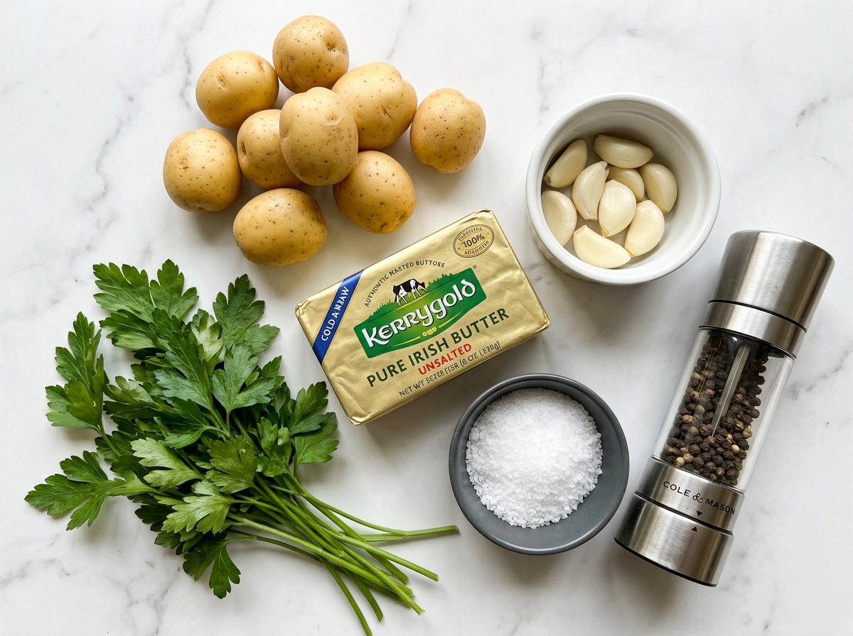 Baby potatoes, butter, garlic cloves, salt, and parsley on a wooden board