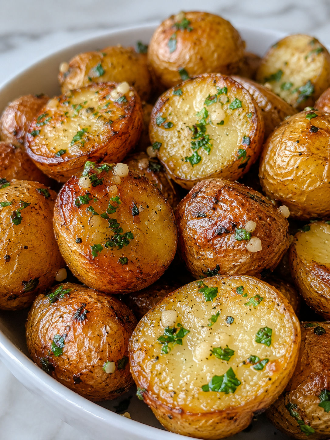 Easy Baked Garlic Butter Potatoes, plated and served