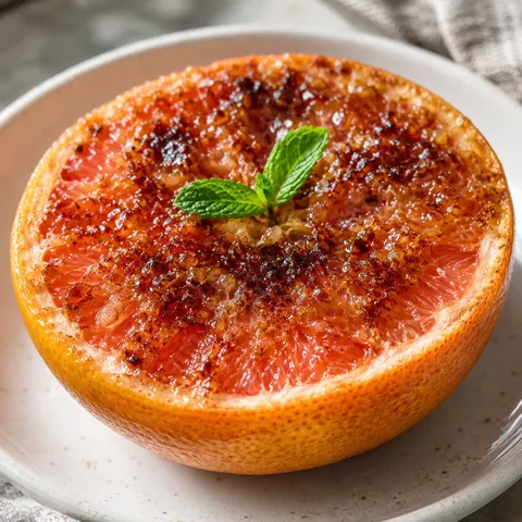 Baked grapefruit half with caramelized brown sugar crust and a mint leaf on a white plate