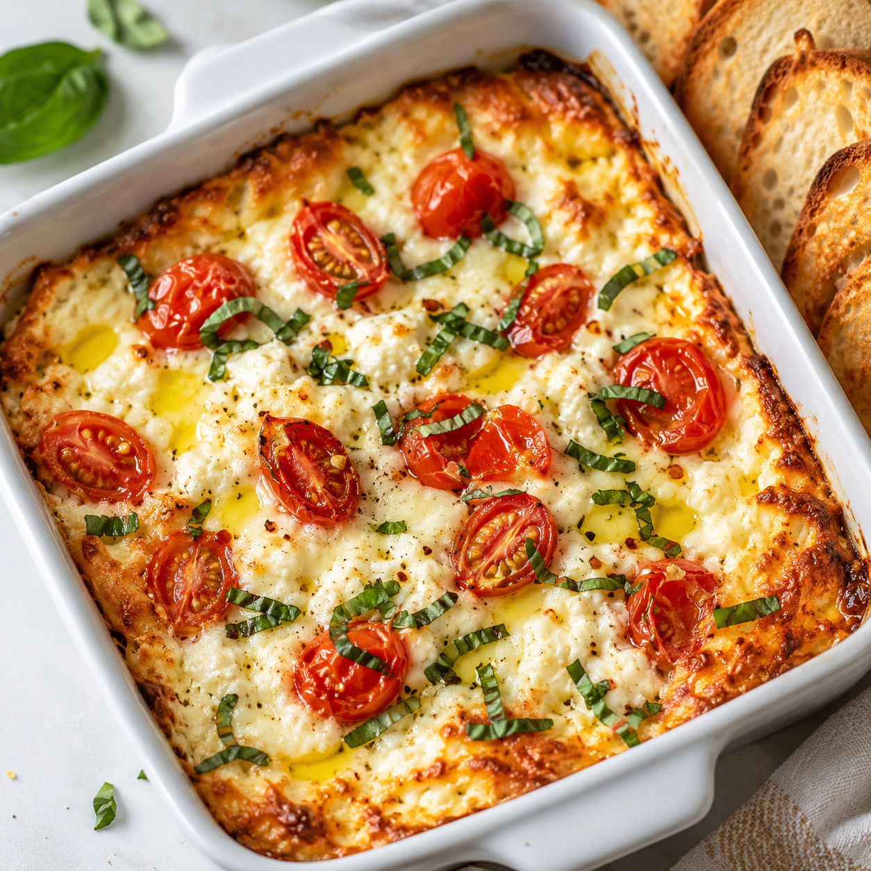 Baked ricotta cheese dip with fresh tomatoes and basil
