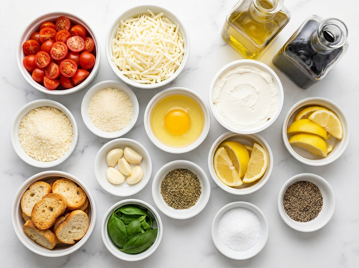 Ricotta dip ingredients with tomatoes, basil, cheeses, garlic, and lemon