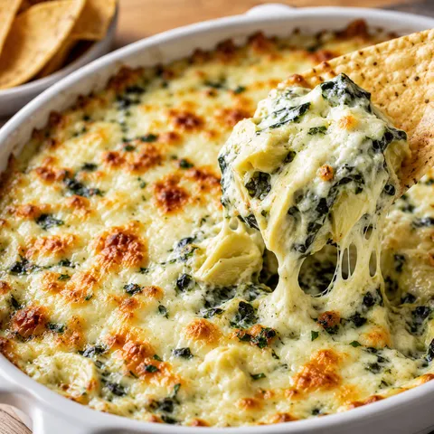 Baked spinach artichoke dip with golden cheese and tortilla chips