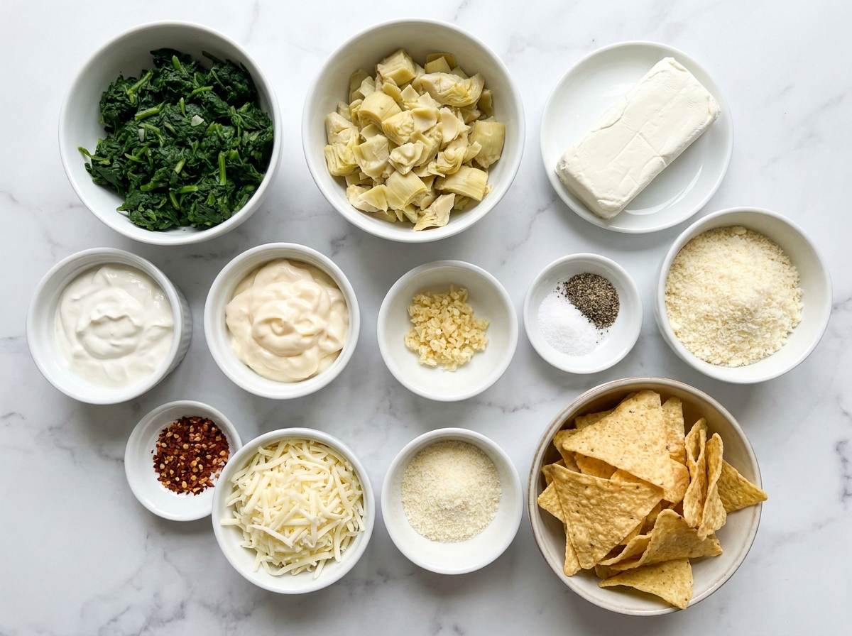 Ingredients for baked spinach artichoke dip on a light counter