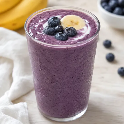 Banana blueberry smoothie in a glass with blueberries and banana slice