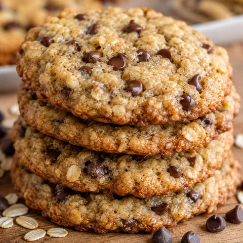Stack of soft banana oatmeal chocolate chip cookies on a wooden table