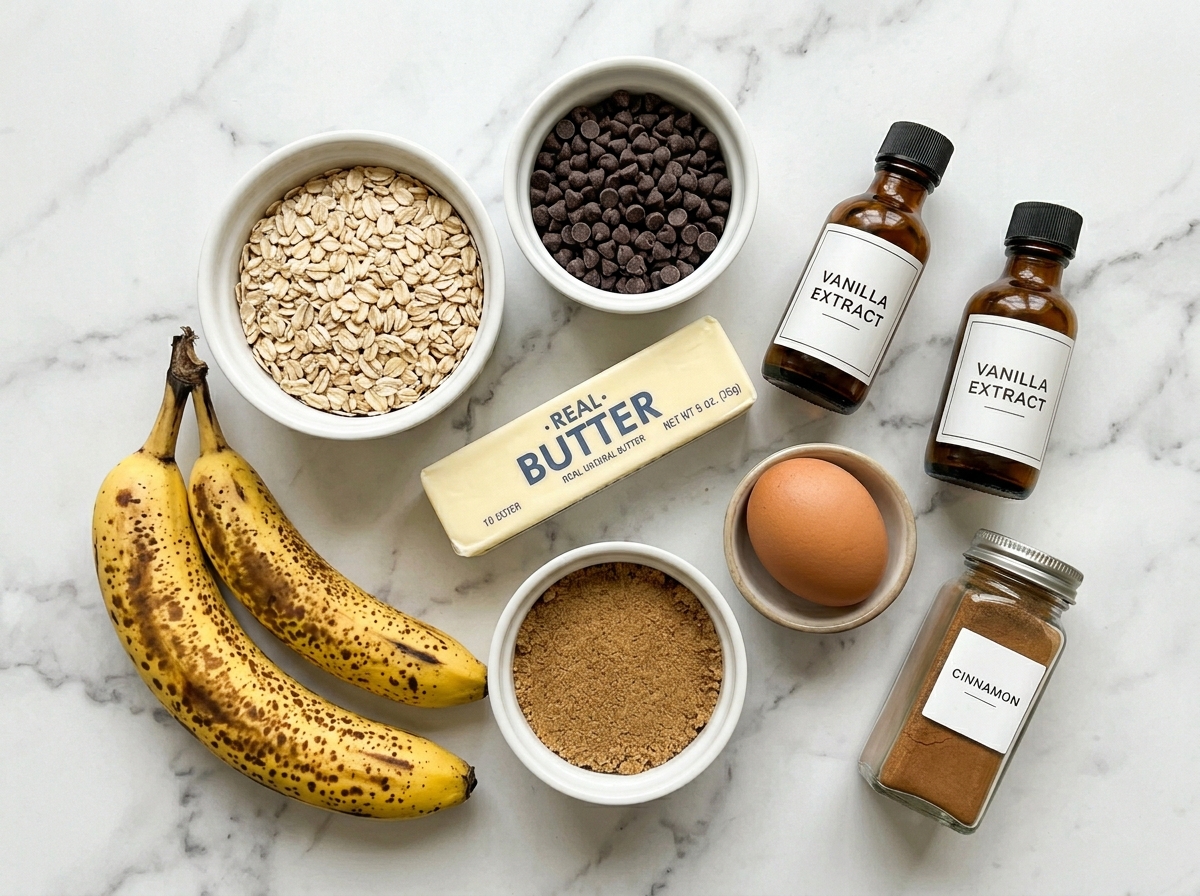 Raw ingredients for banana oatmeal cookies including bananas, oats, and chocolate chips