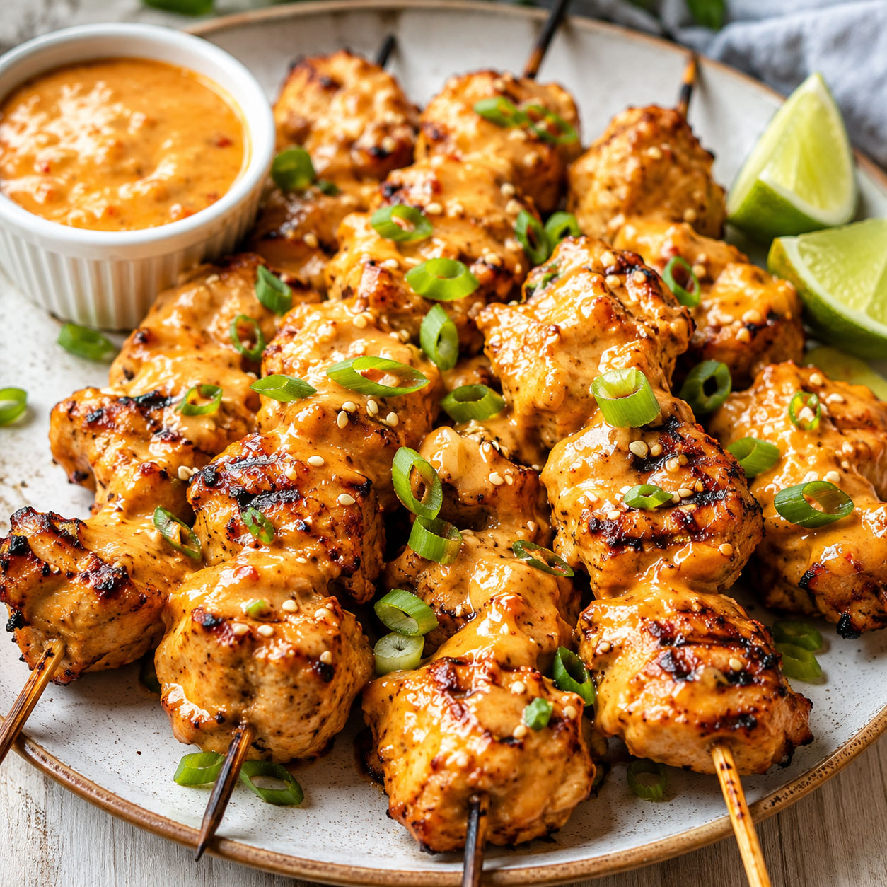Bang bang chicken skewers with sweet chili sauce, green onions, and sesame seeds