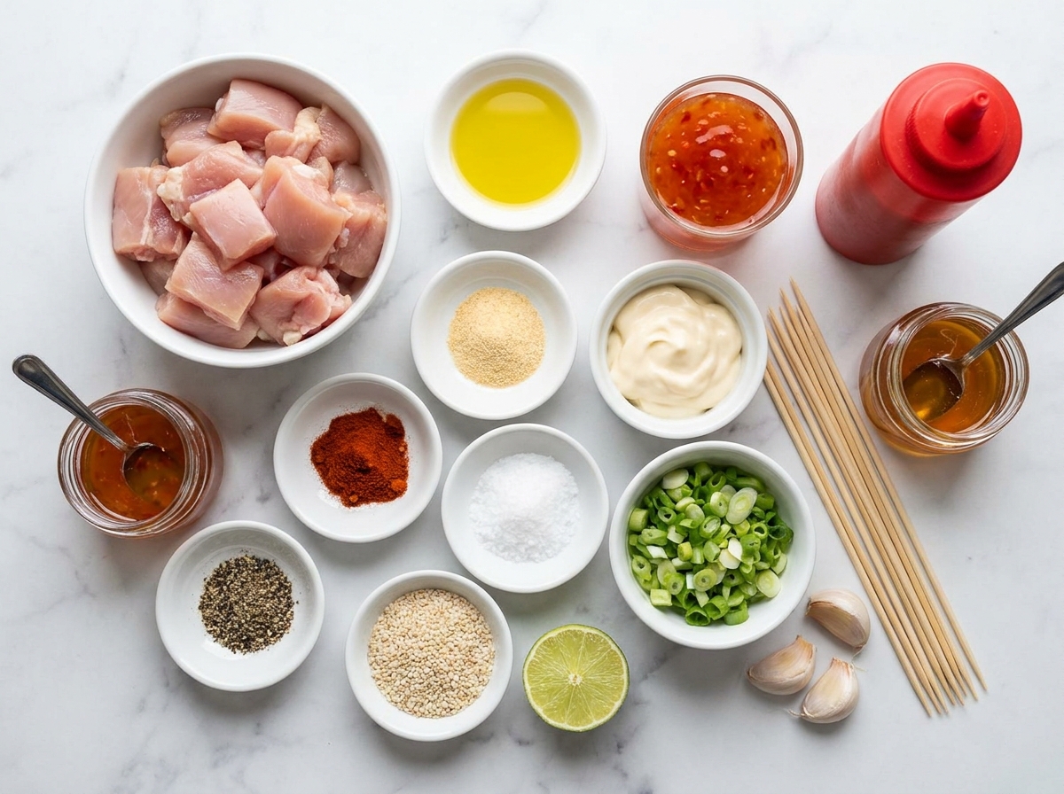 Raw ingredients for bang bang chicken skewers with sweet chili sauce