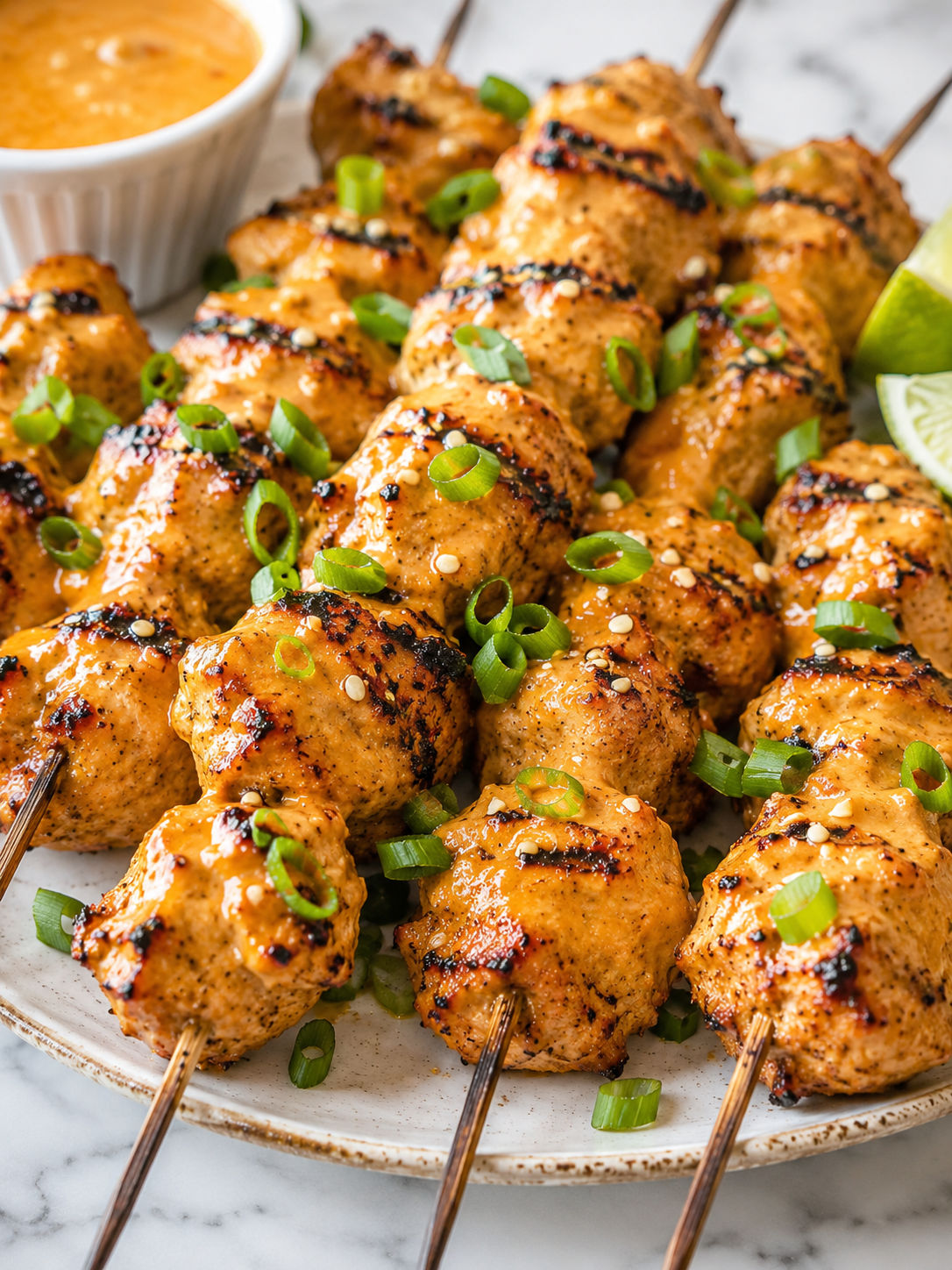 Easy Bang Bang Chicken Skewers with Sweet Chili Sauce, plated and served