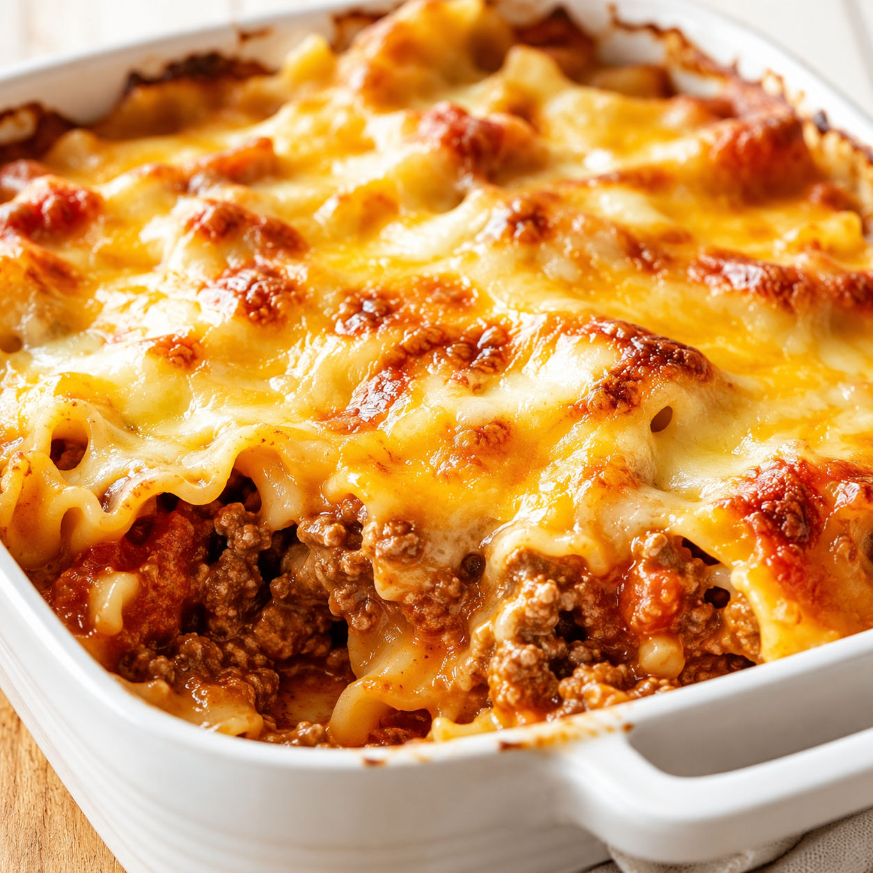 Baked beef Lombardi casserole with golden melted cheese and creamy noodles