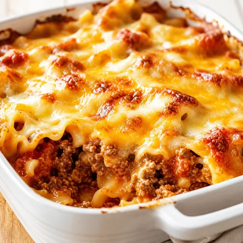 Baked beef Lombardi casserole with golden melted cheese and creamy noodles