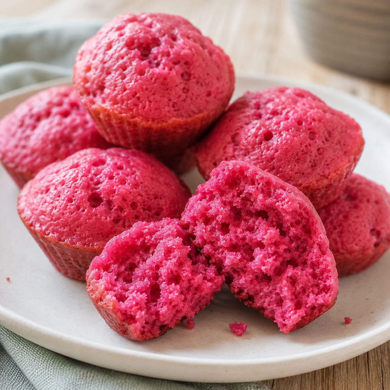Pink beet mini muffins split open on a pale ceramic plate