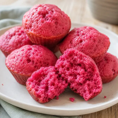 Pink beet mini muffins split open on a pale ceramic plate