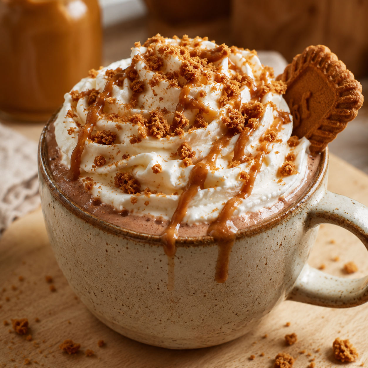 Biscoff hot chocolate with whipped cream, cookie crumbs, and cookie butter drizzle