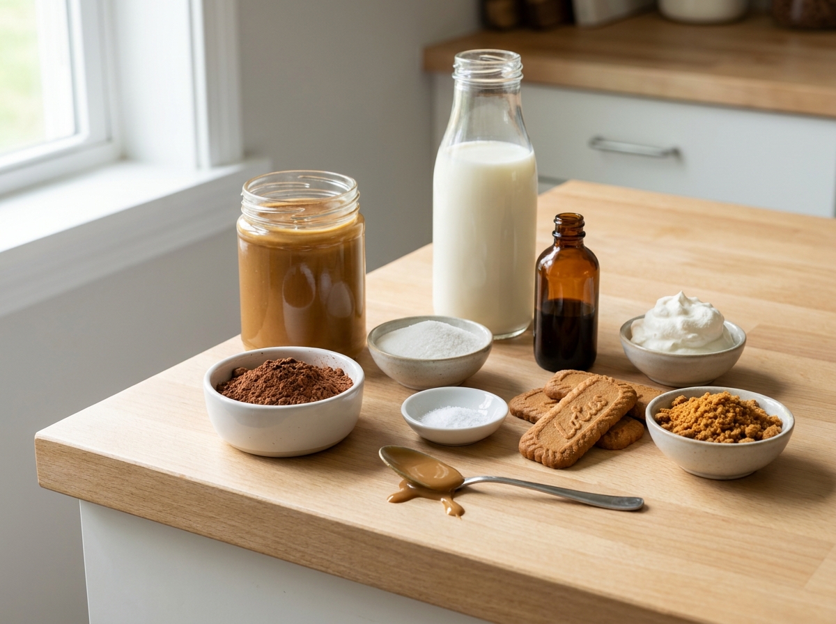 Ingredients for Biscoff hot chocolate with cocoa, milk, cookie butter, and cookies