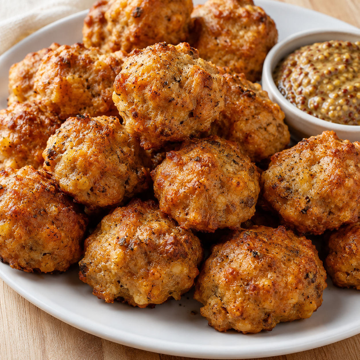 Golden baked Bisquick sausage balls piled on a white serving plate with mustard