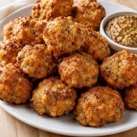 Golden baked Bisquick sausage balls piled on a white serving plate with mustard