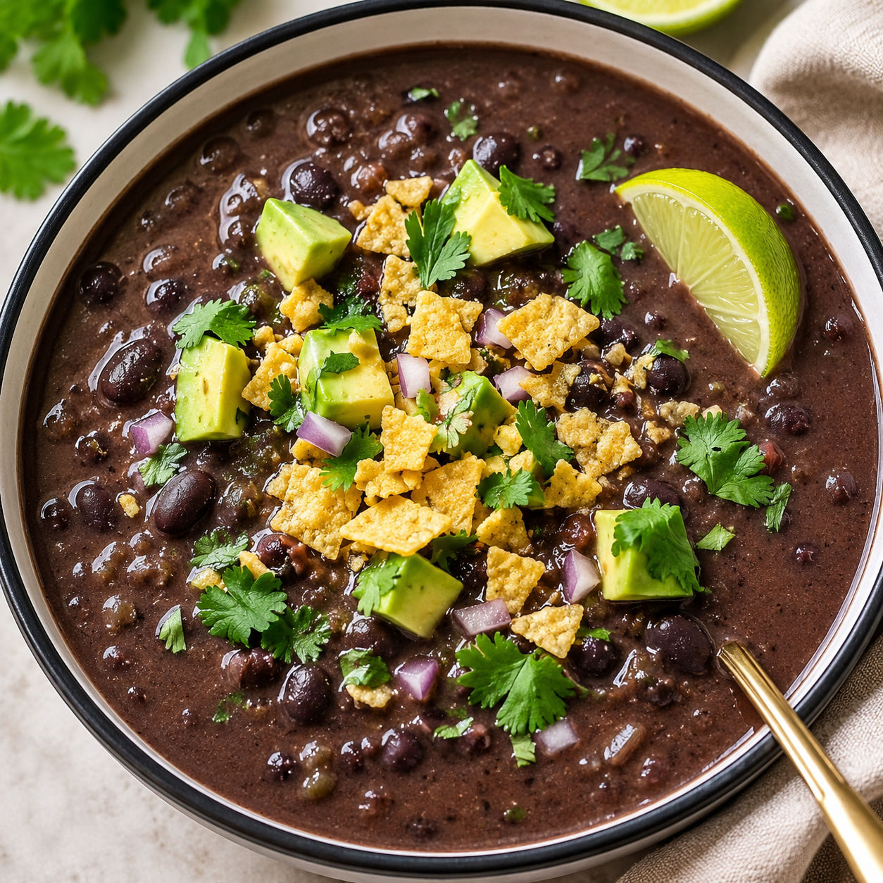 Black bean soup with avocado, cilantro, lime, and tortilla chips