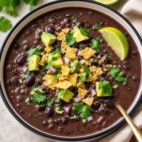 Black bean soup with avocado, cilantro, lime, and tortilla chips