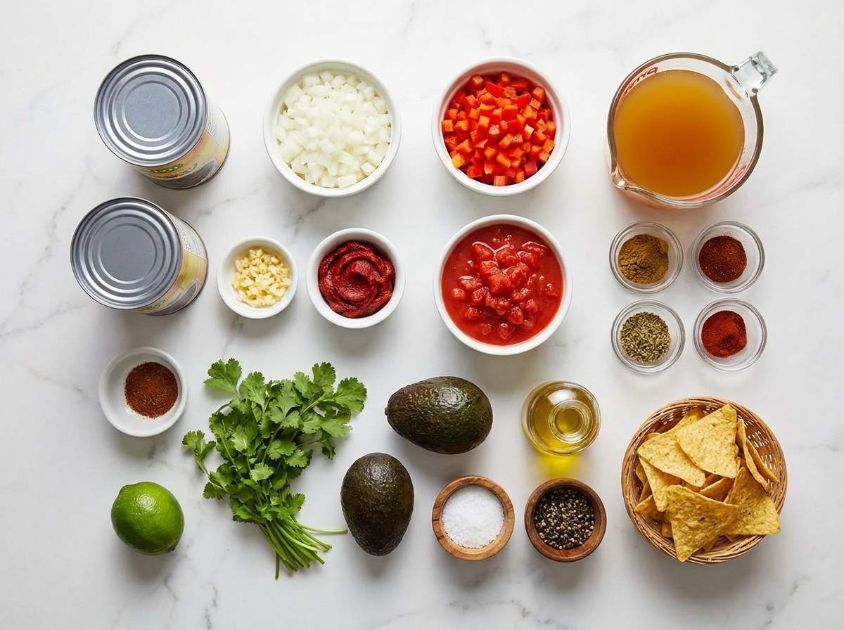 Ingredients for black bean soup with beans, vegetables, spices, lime, and avocado