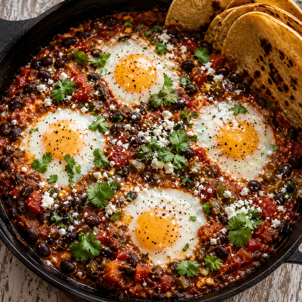 Black bean and egg bake with cotija, cilantro, and warm corn tortillas