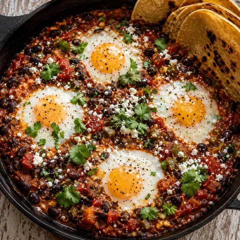 Black bean and egg bake with cotija, cilantro, and warm corn tortillas