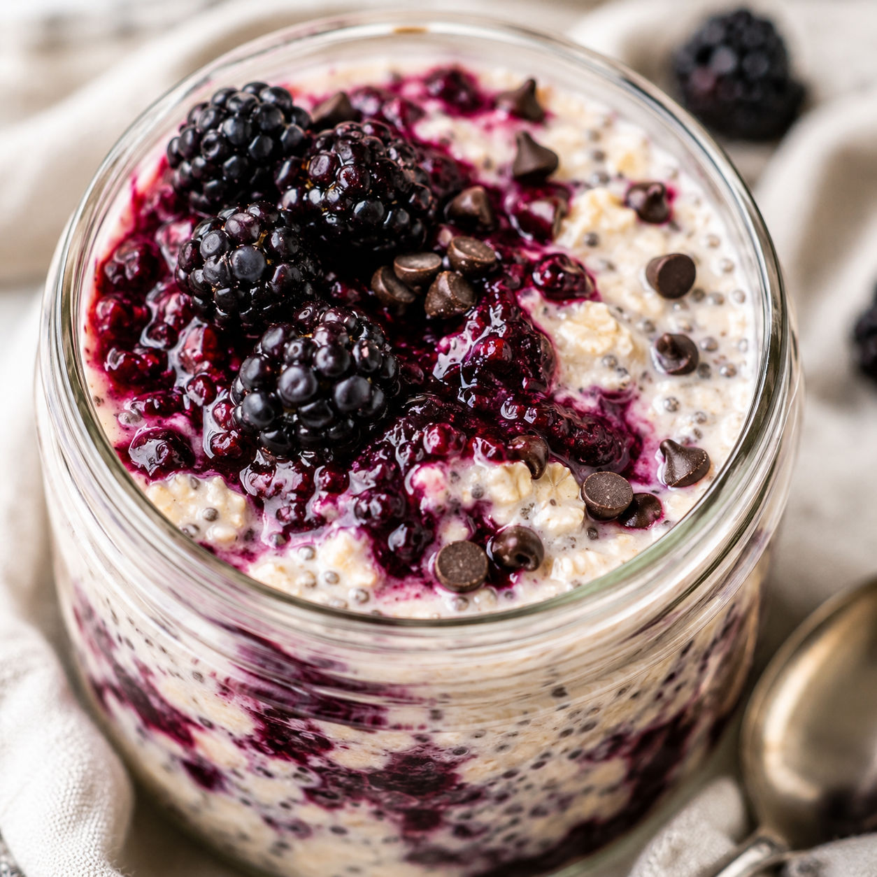 Blackberry chocolate chip overnight oats with blackberry sauce in a glass jar