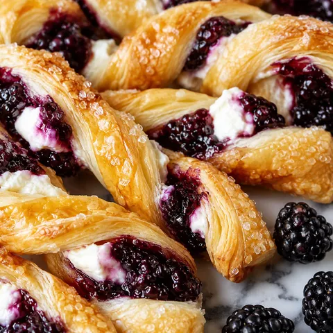 Golden blackberry goat cheese puff pastry twists with sugar crystals on marble