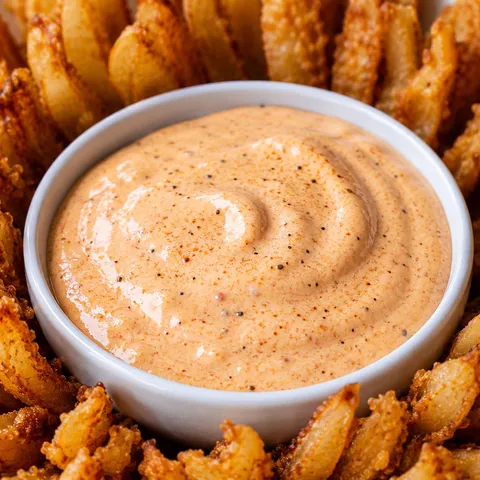 Creamy blooming onion sauce with golden fried onion petals