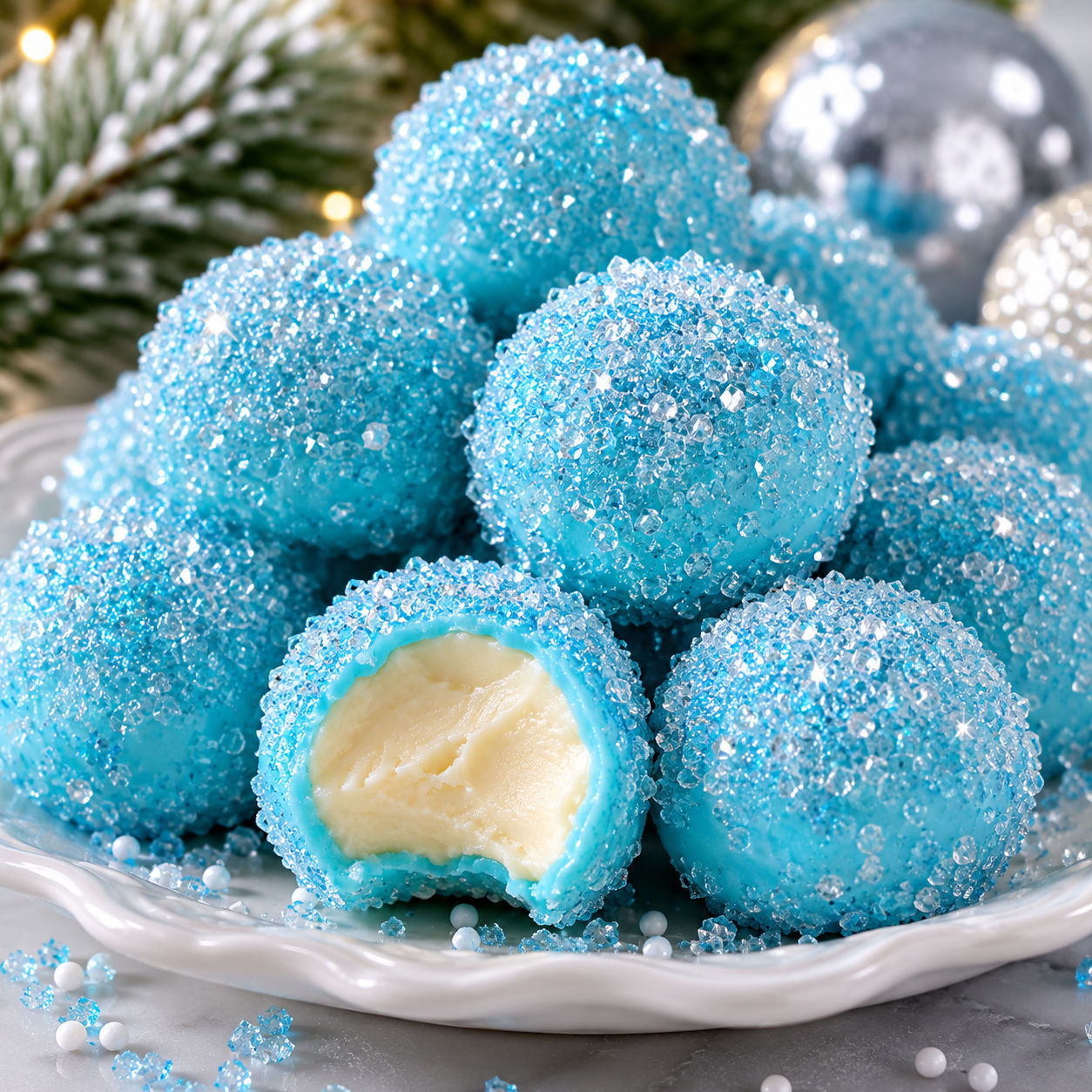 Blue white chocolate Christmas truffles with sparkly sugar coating