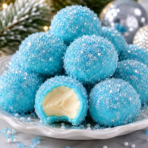 Blue white chocolate Christmas truffles with sparkly sugar coating