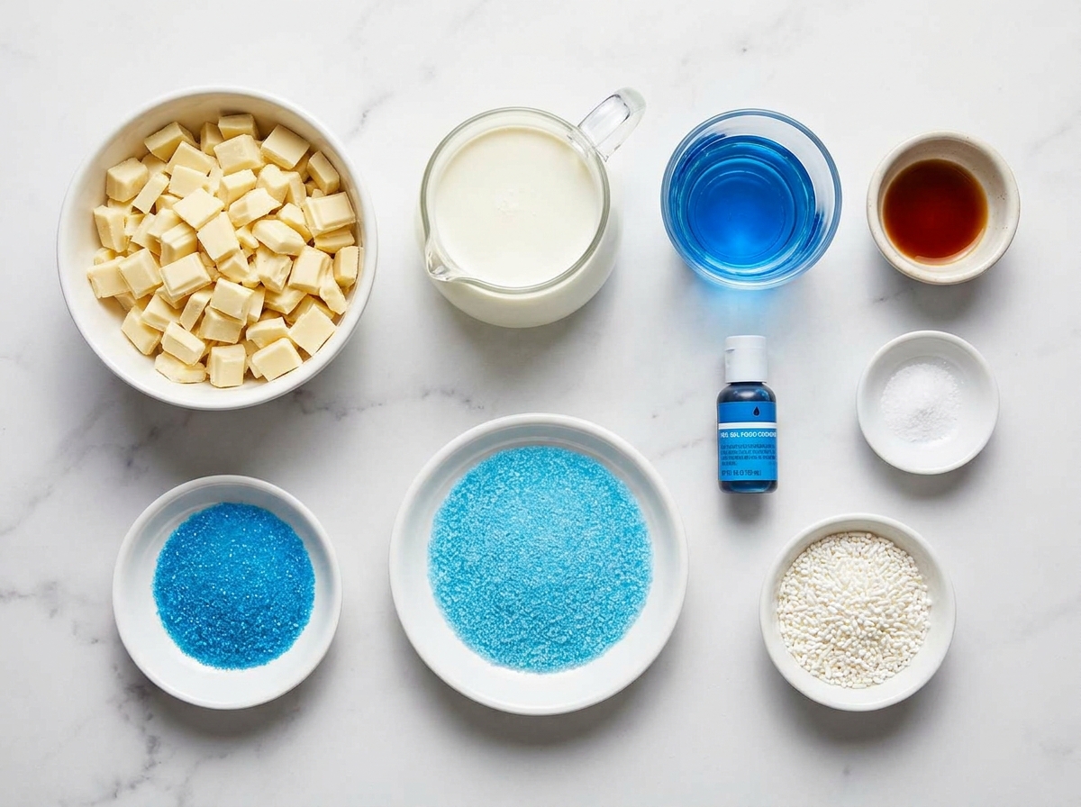 White chocolate, cream, blue curacao, and blue sugar for truffles