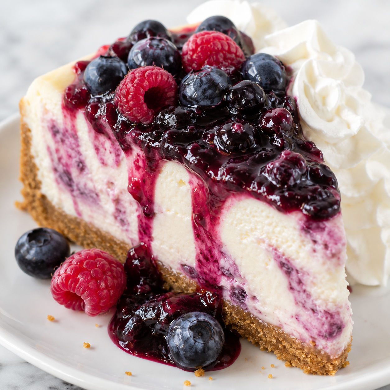 Blueberry cheesecake slice with fresh berry sauce and graham crust